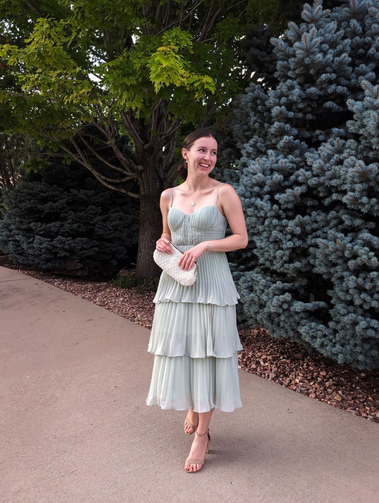 tiered dress dressing up sage green spring pastels nude heels pearl clutch