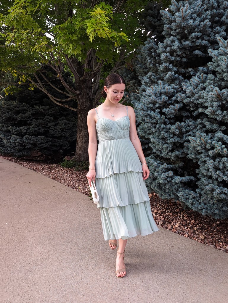 twirling t-length dress tiered sage green wedding guest dress monthly recap