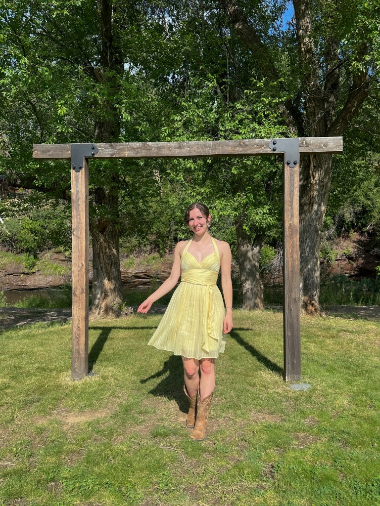 longmont colorado ranch wedding yellow halter neck dress thrifted fashion BCBG