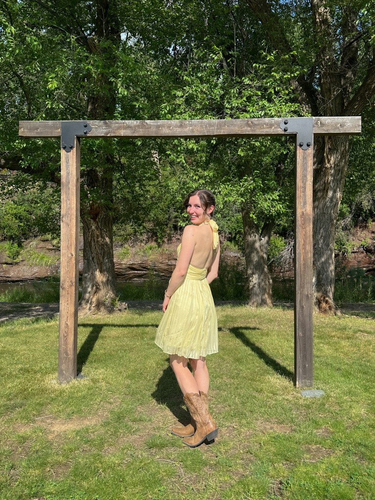 yellow halter dress butter yellow summer fashion wedding guest shopping my closet thrifted fashion