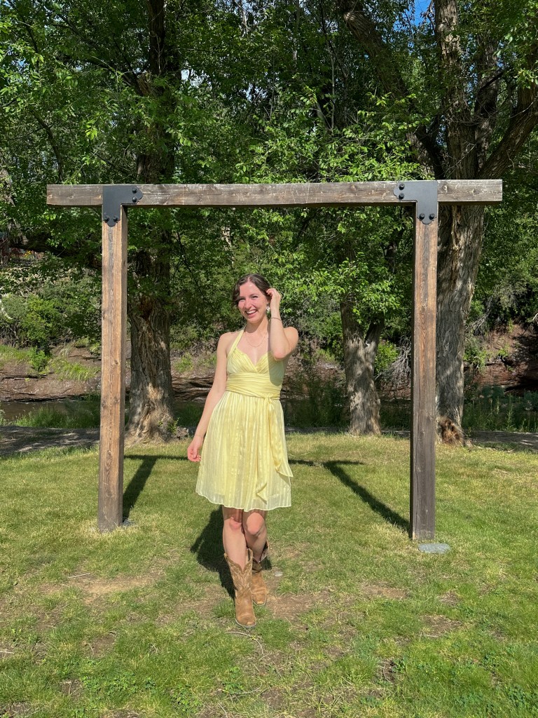 yellow pleated dress thrifted fashion cowgirl boots western fashion wedding guest attire longmont colorado