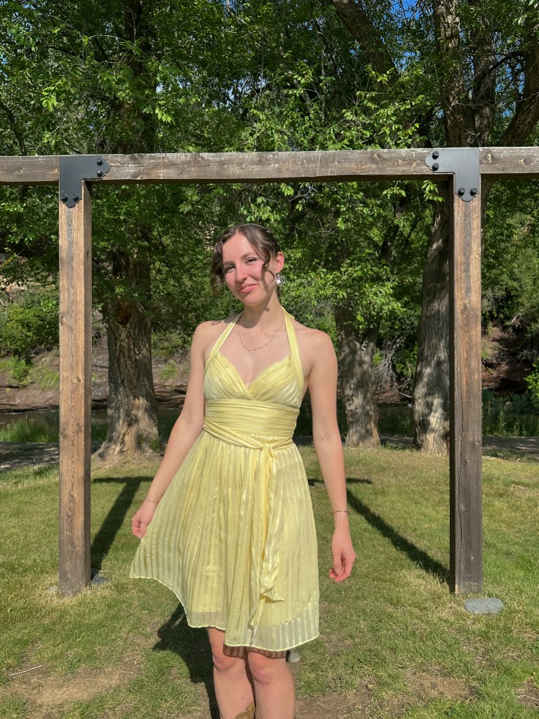 halter dress thrifted find butter yellow dress pleated western fashion wedding guest