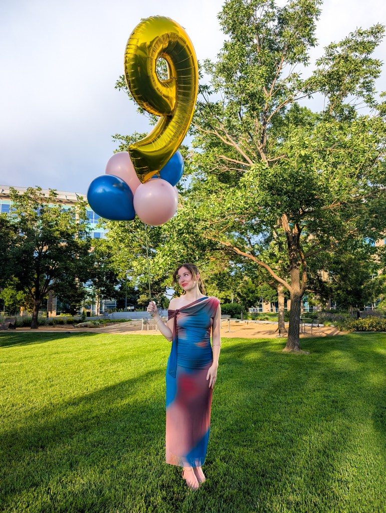 wedding guest dress balloons multicolor gown