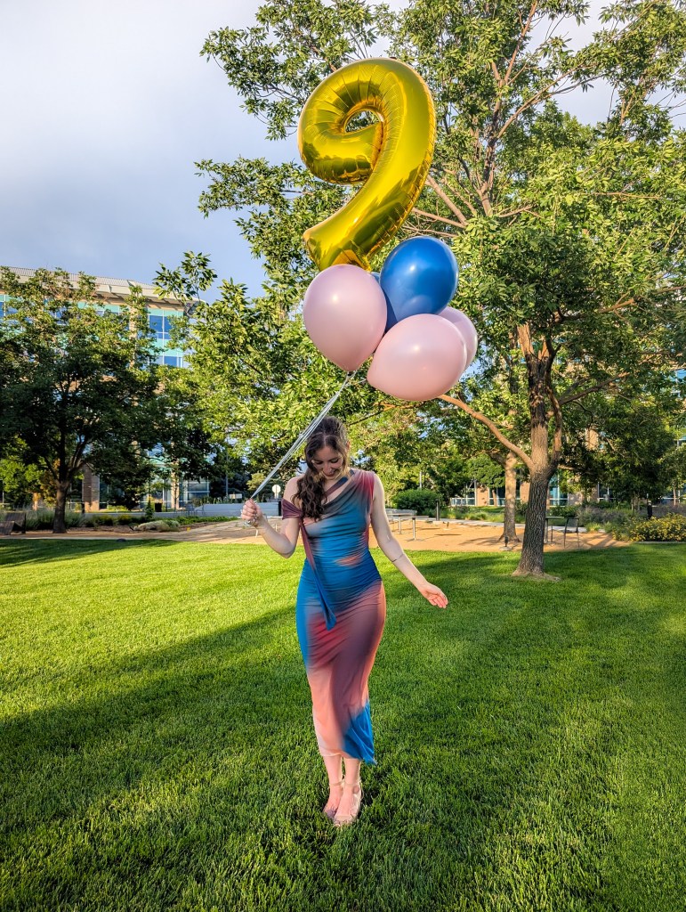 nine years of blogging multicolor dress desigual crimped hair party dress