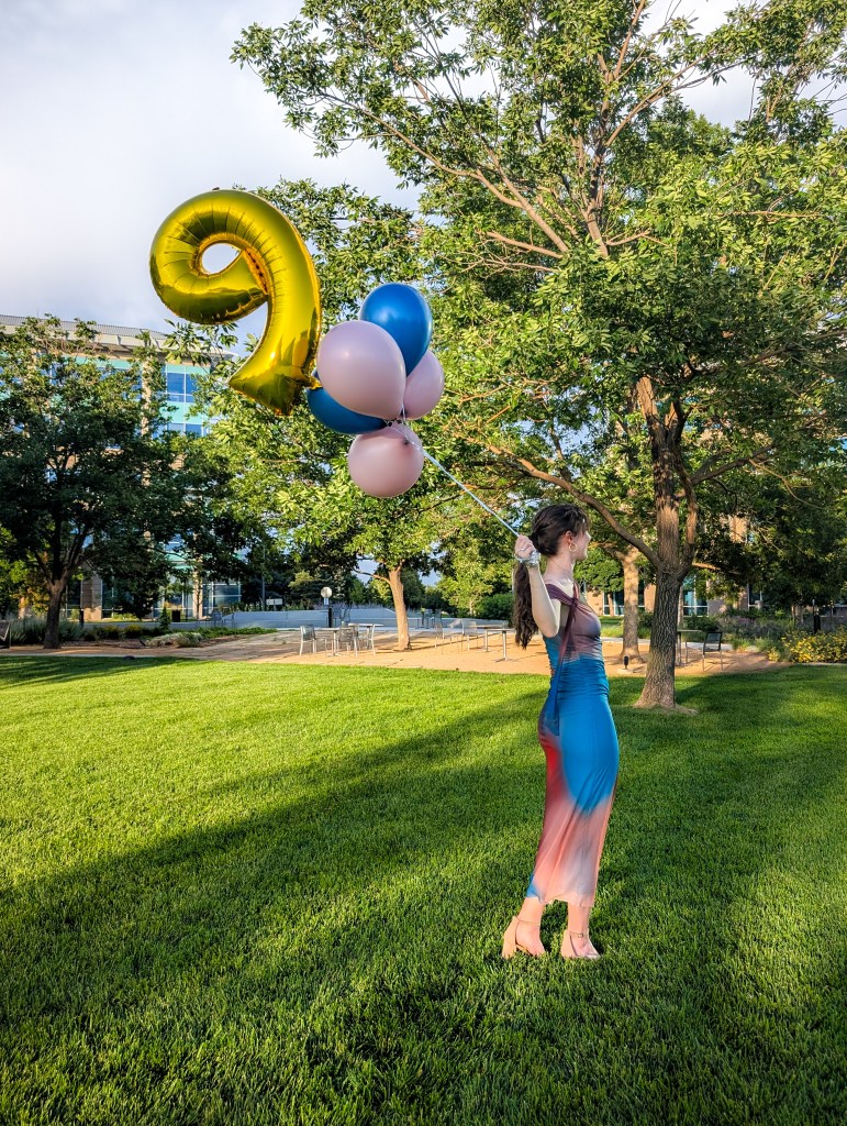 nine year balloons celebration multicolor dress gown nude heels