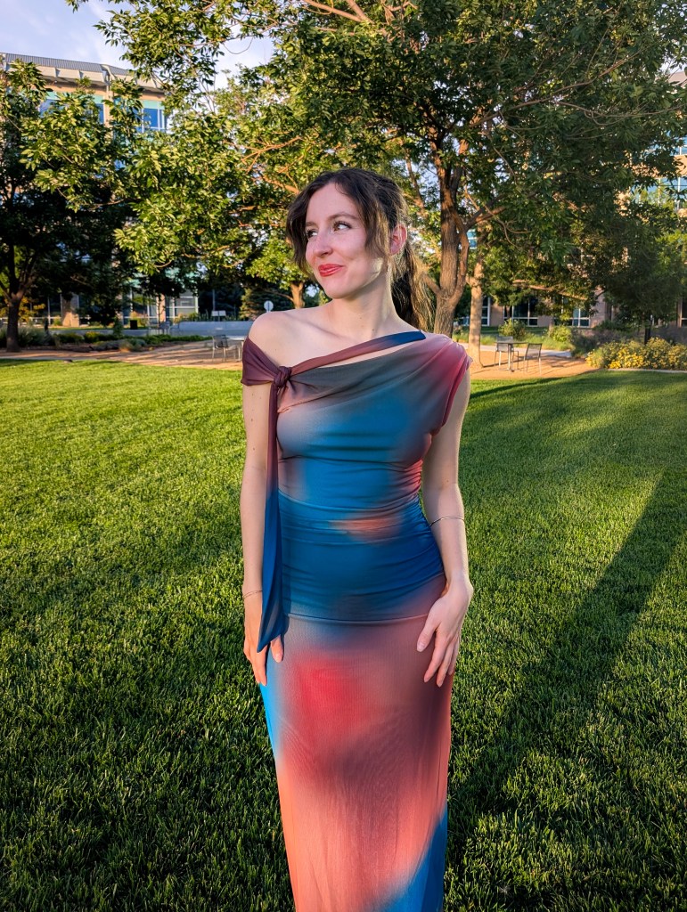 off-the-shoulder dress multicolor gown dressing up celebration photoshoot crimped hair