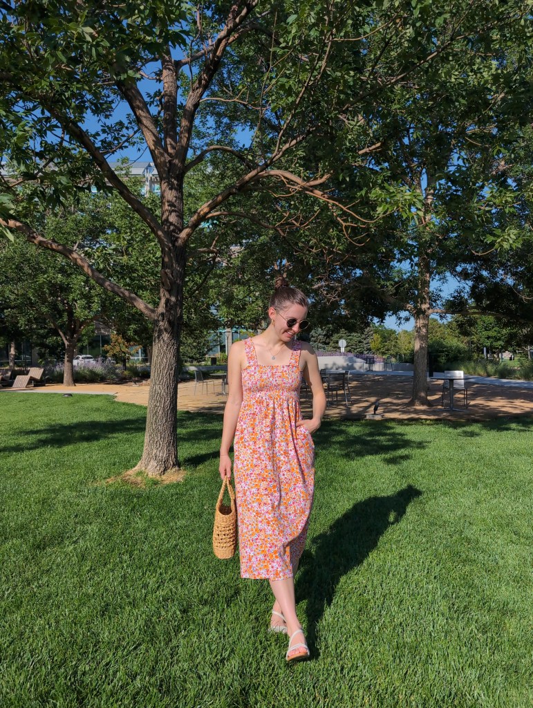 cute weekend outfit floral dress smocked white sandals sungait sunglasses affordable fashion