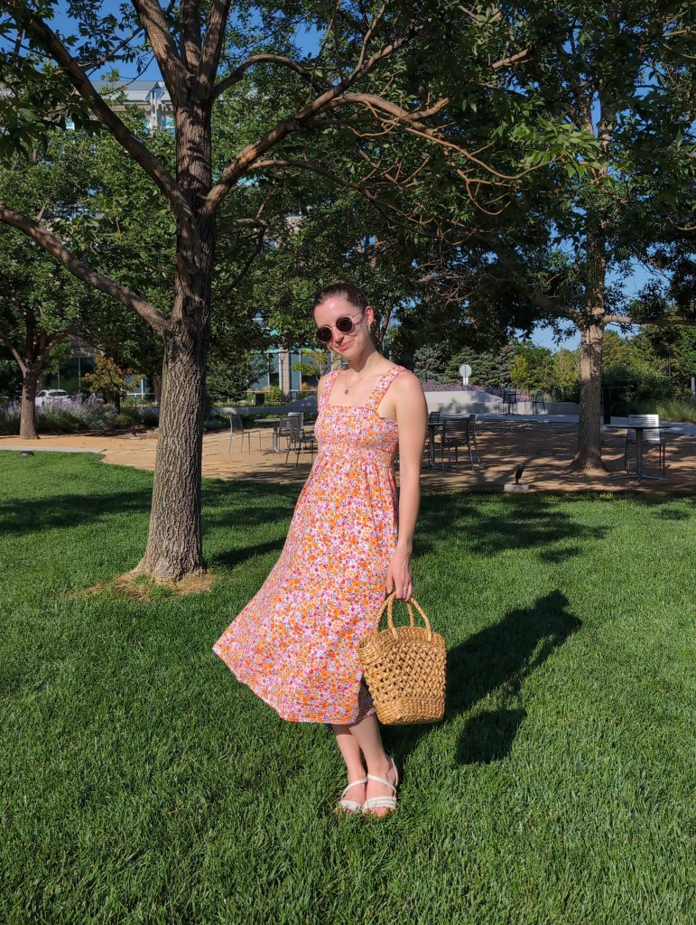 floral dress smocked white sandals affordable fashion cost per wear sungait glasses