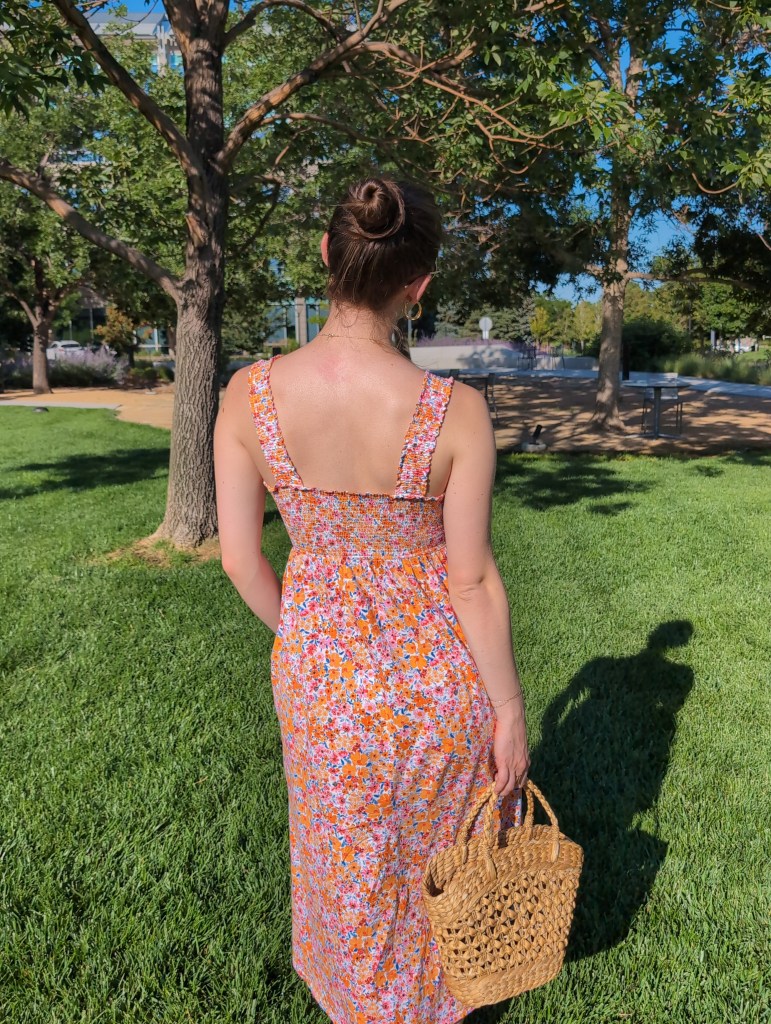 july 2025 month in reivew floral dress wicker purse thrifted fashion