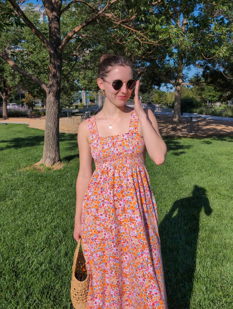 floral smocked dress old navy sungait sunglasses wicker purse summer style