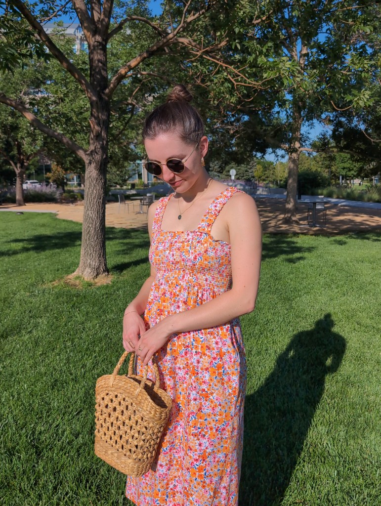 floral smocked dress wicker purse thrifted affordable fashion cost per wear