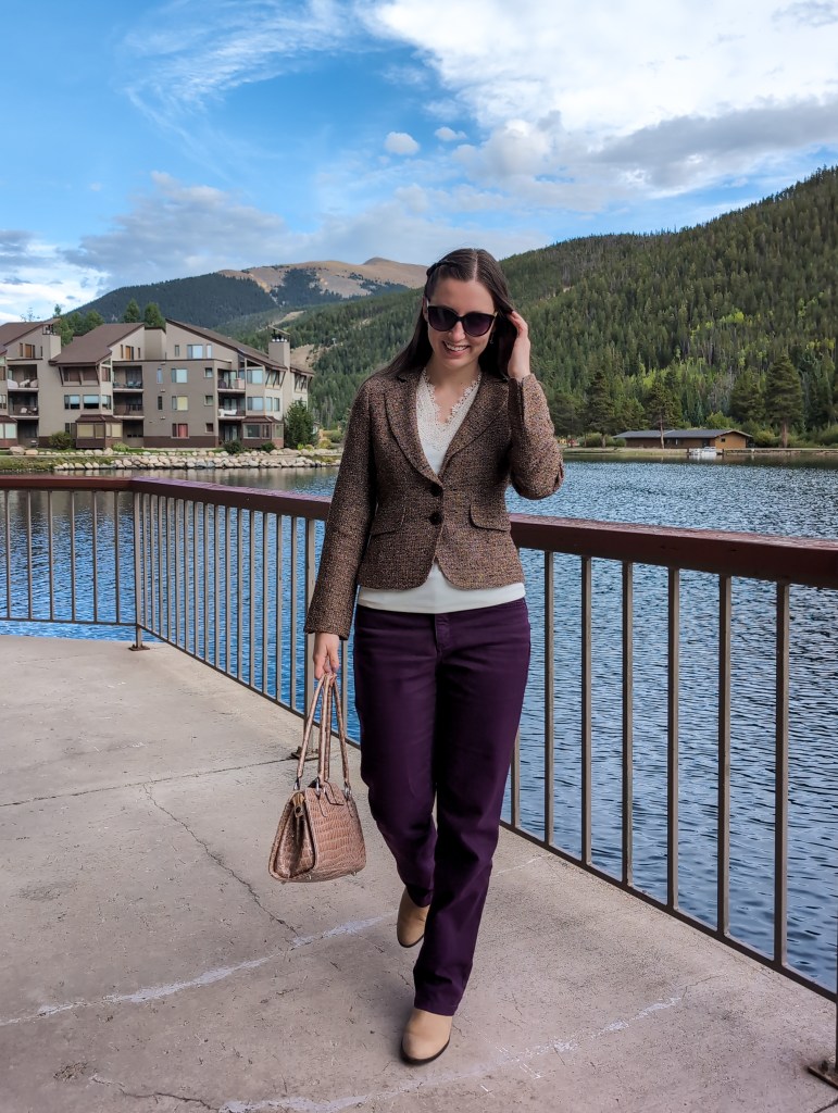 work outfit conference style beige lace top brown blazer