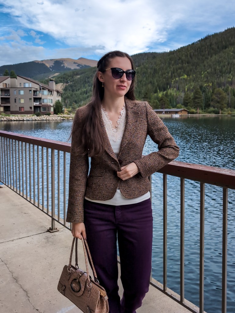 fall work outfit tweed blazer thrifted fashion lace blouse