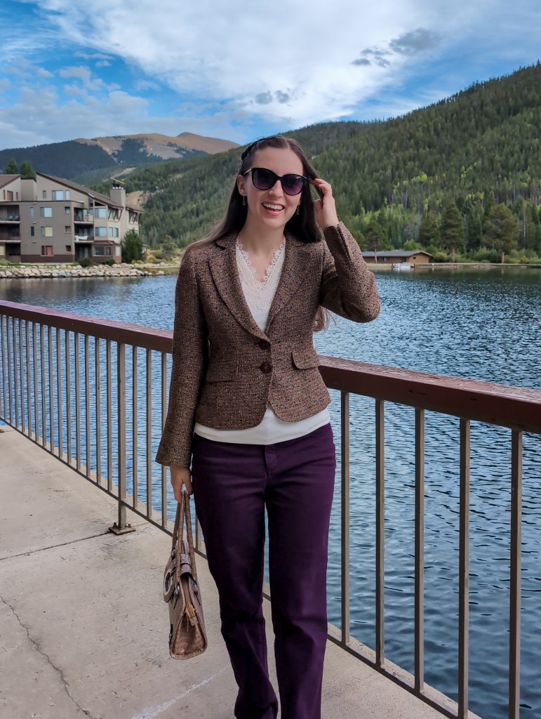 lace blouse brown blazer purple pants thrifted style work outfit