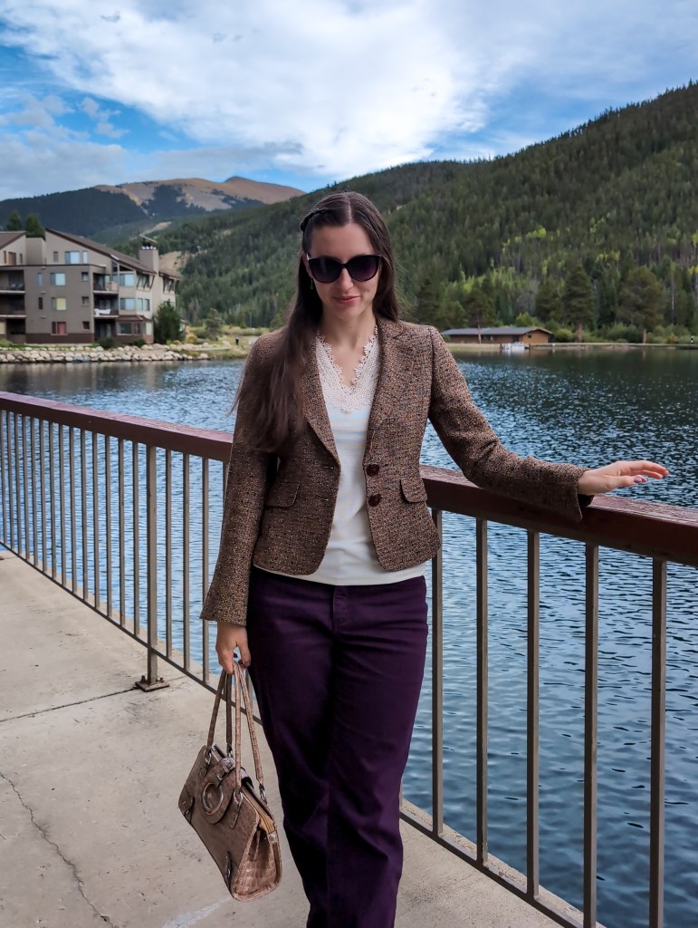 work style thrifted blazer keystone colorado purple pants