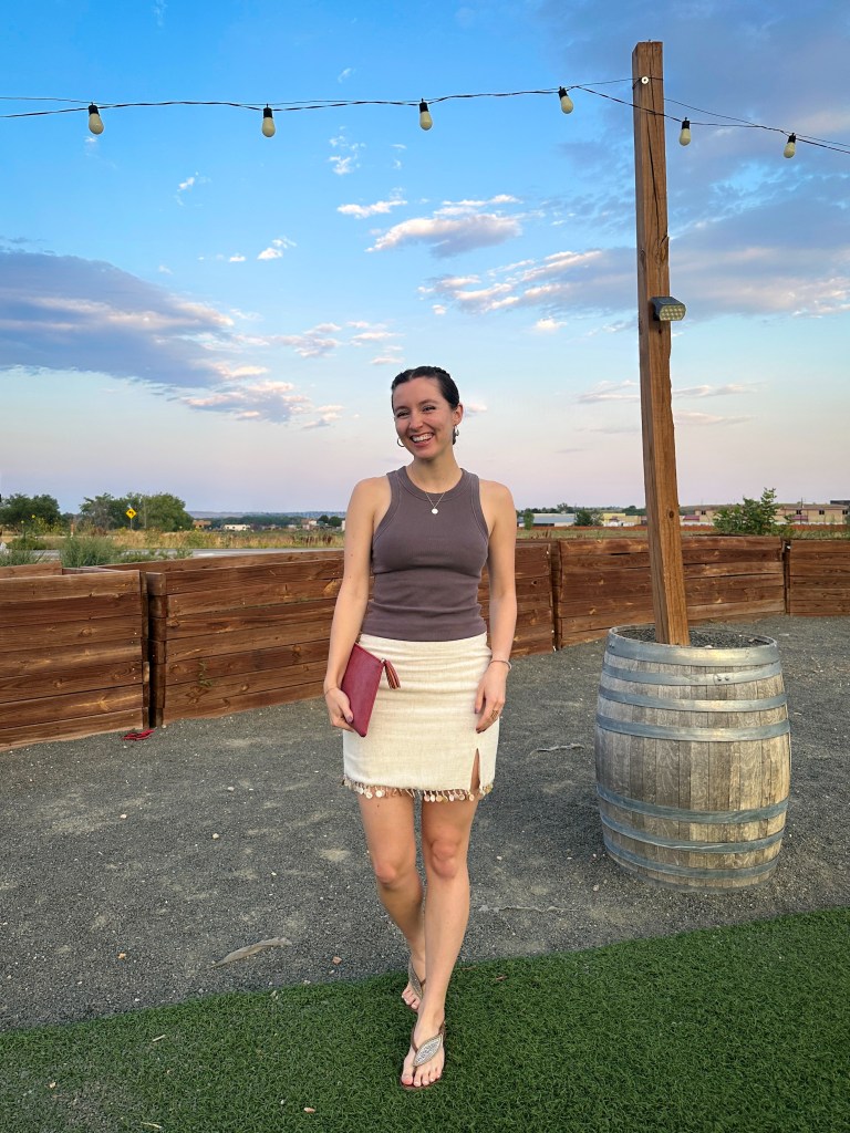 brown ribbed tank beige beaded skirt brown sandals colorado fashion