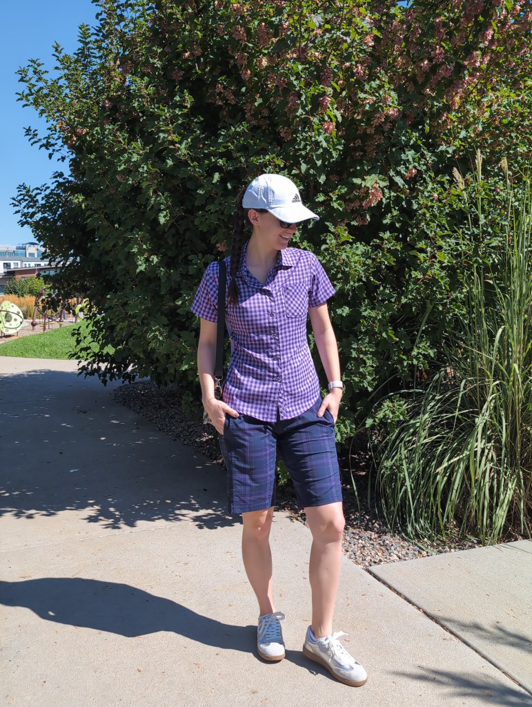 purple set navy plaid shorts button down gingham silver sneakers