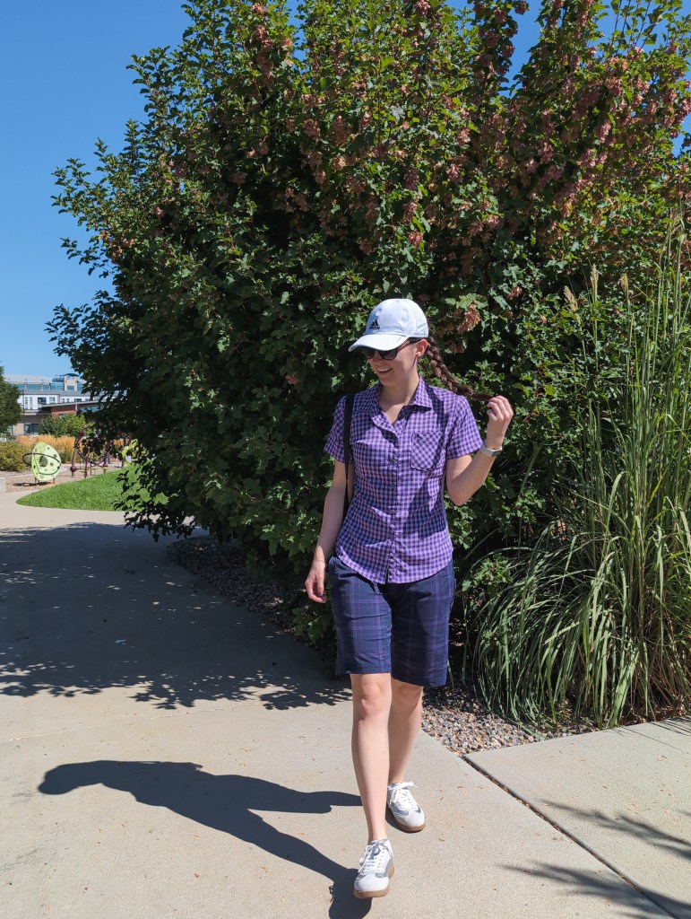 stylish athletic clothes purple gingham club ride golf style silver sneakers clear bag