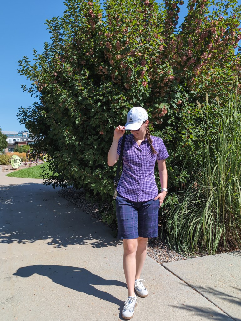 gingham button down navy shorts silver sneakers summer athletic outfit