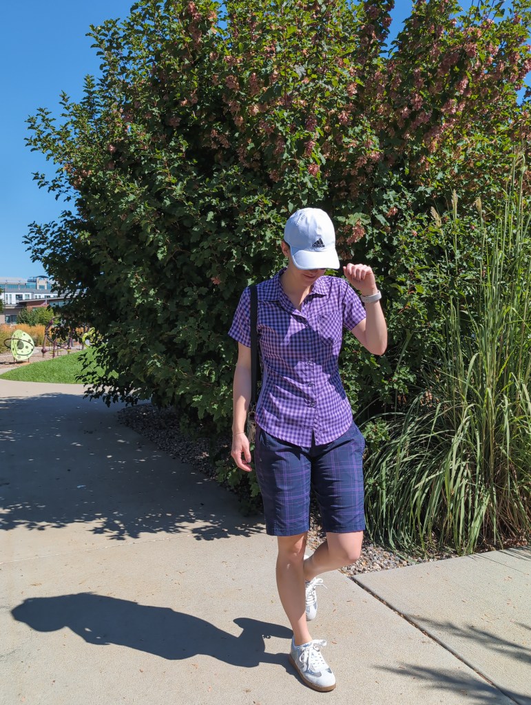 purple button down navy bermuda shorts club ride white ballcap summer style