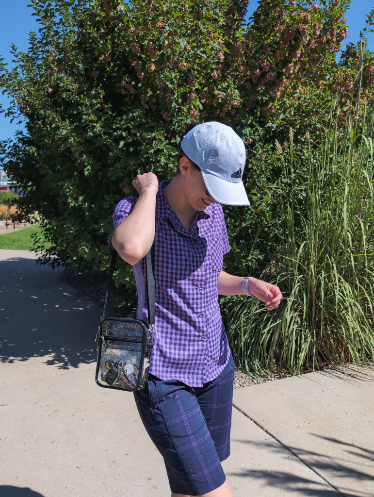 clear bag purple matching set athletic outfit golf style gingham club ride