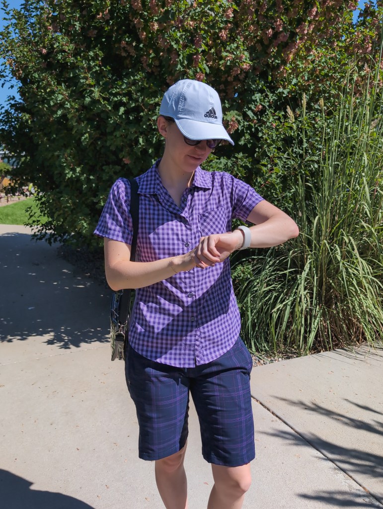 athletic outfit purple matching set button down white addidas hat navy shorts