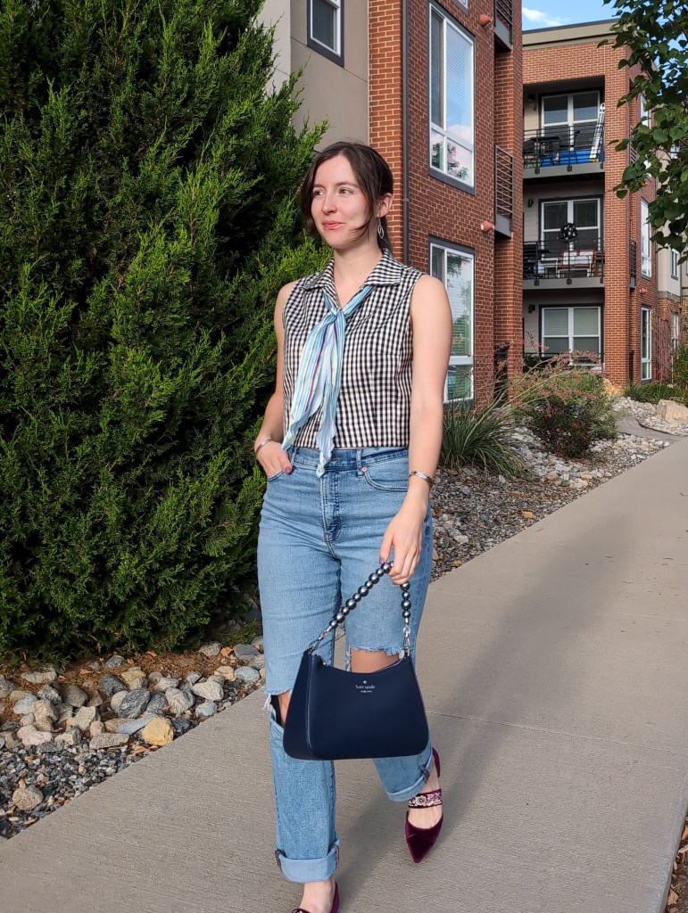 navy pearl purse kate spade ripped denim pants gingham collar top summer outfits randomly generated outfits