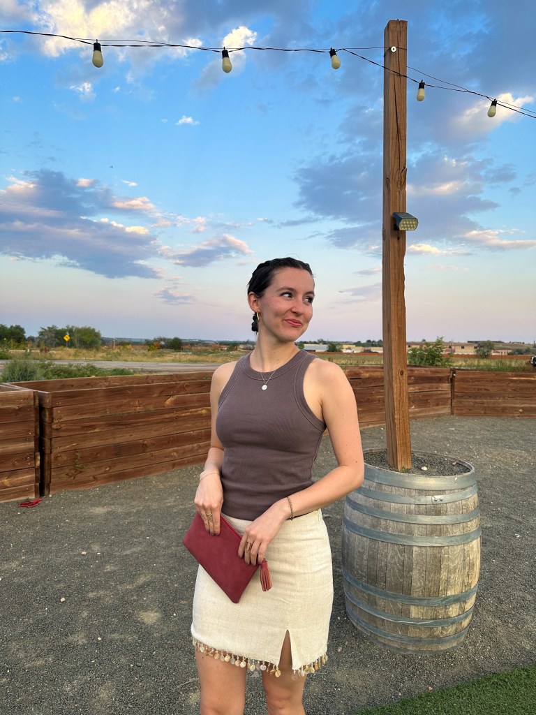 fall date night beaded skirt neutral outfit summer style