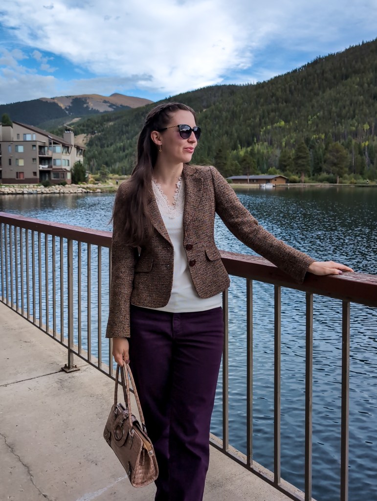 lace blouse brown tweed blazer thrifted finds purple pants stylish professional outfit