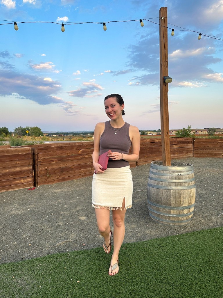 brown ribbed tank top old navy beige beaded skirt