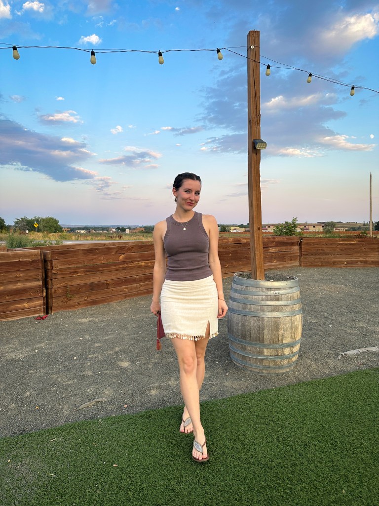 beige beaded skirt bobbles and lace brown sandals racerback tank date night outfit