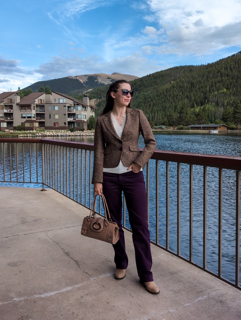 lace blouse tweed blazer purple pants conference outfit work style