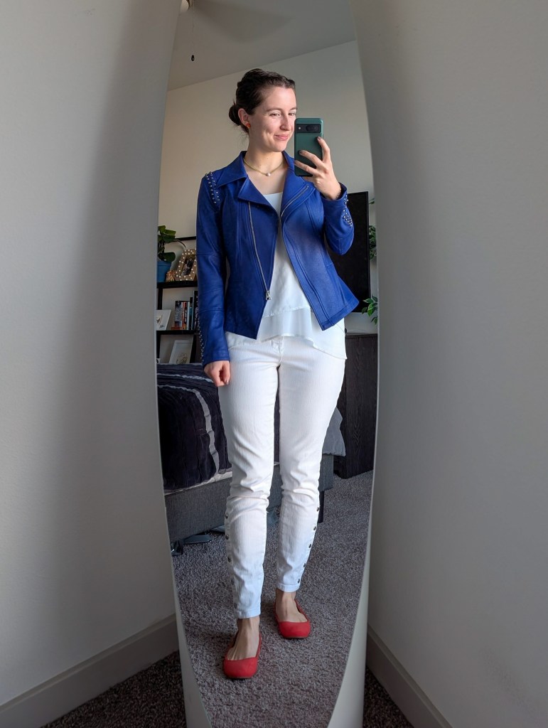 white thrifted blouse blue pleather jacket clara sunwoo white jeans orange flats