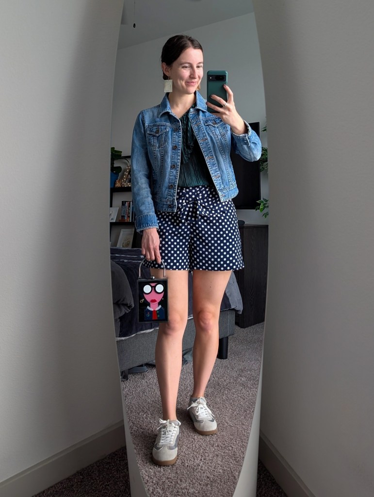 polka dot shorts denim jacket box purse silver sneakers just fab