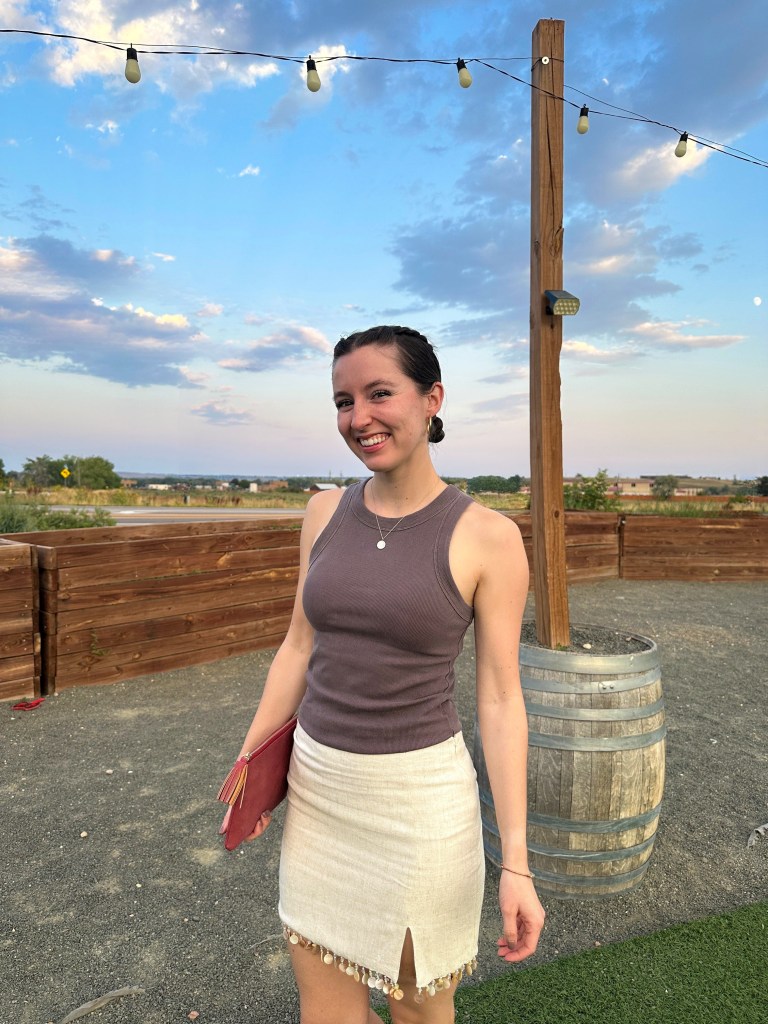 old navy bobbles and lace late summer early fall transitional outfit beaded skirt