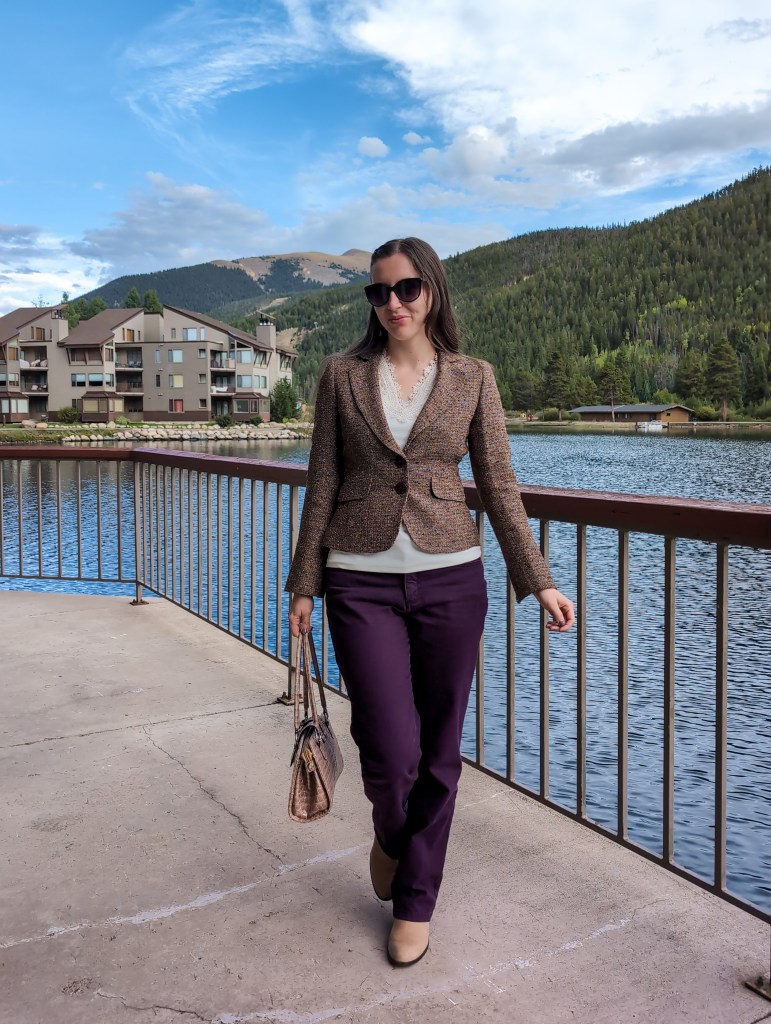 work wear professional outfit black sunglasses lace blouse tweed blazer purple pants