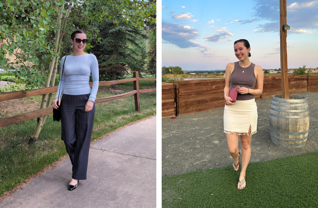 favorite outfits blue top OGL pinstripe pants work outfit summer date night brown tank beige beaded skirt