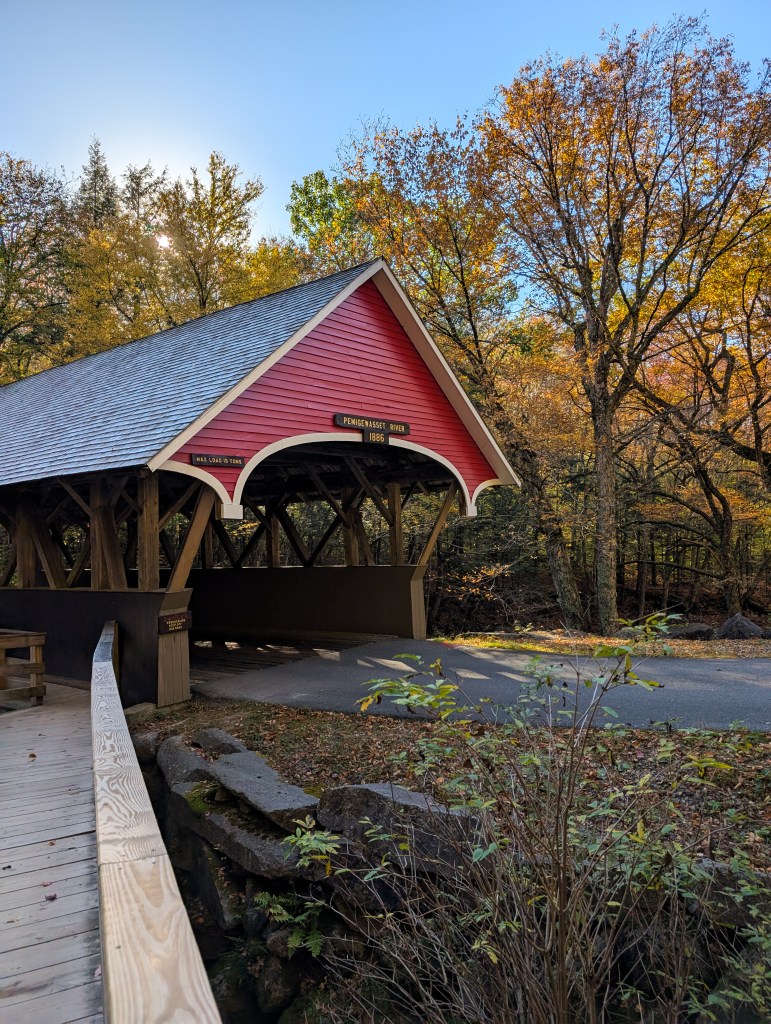 covered bridge Flume Gorge Franconia Notch State Park New Hampshire fall colors road trip