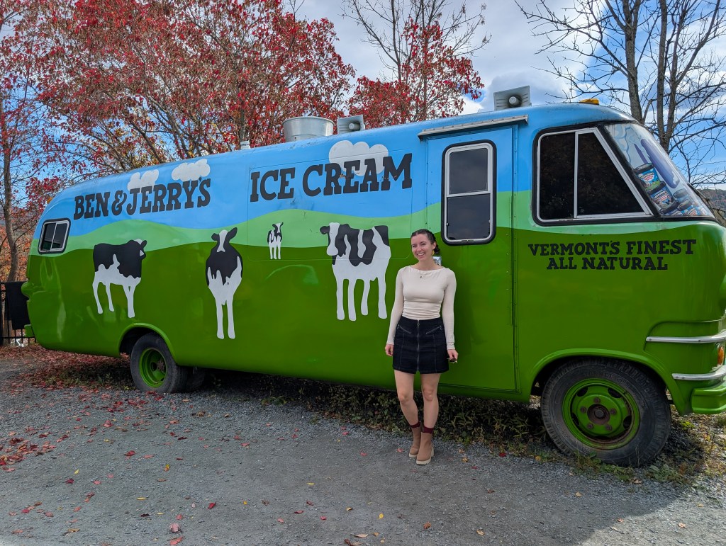 fall new england road trip ice cream ben and jerry's tour beige top black corduroy skirt fall fashion