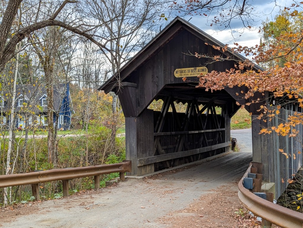 Emily's covered bridge Stowe Vermont fall New England road trip leaf peeping travel blogger