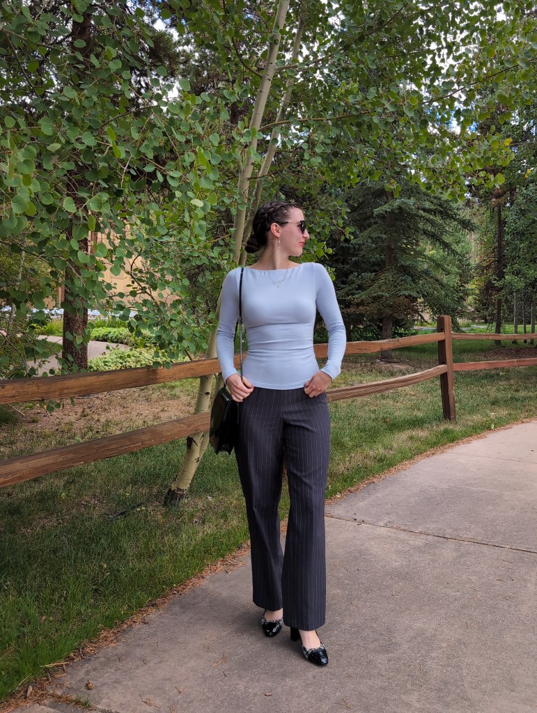 light blue top pinstripe pants work fashion winter blues secondhand fashion