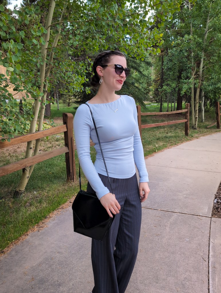 black cat eye sunglasses Charming Charlie blue OGL top pinstripe pants hand-me-down secondhand fashion black patent purse