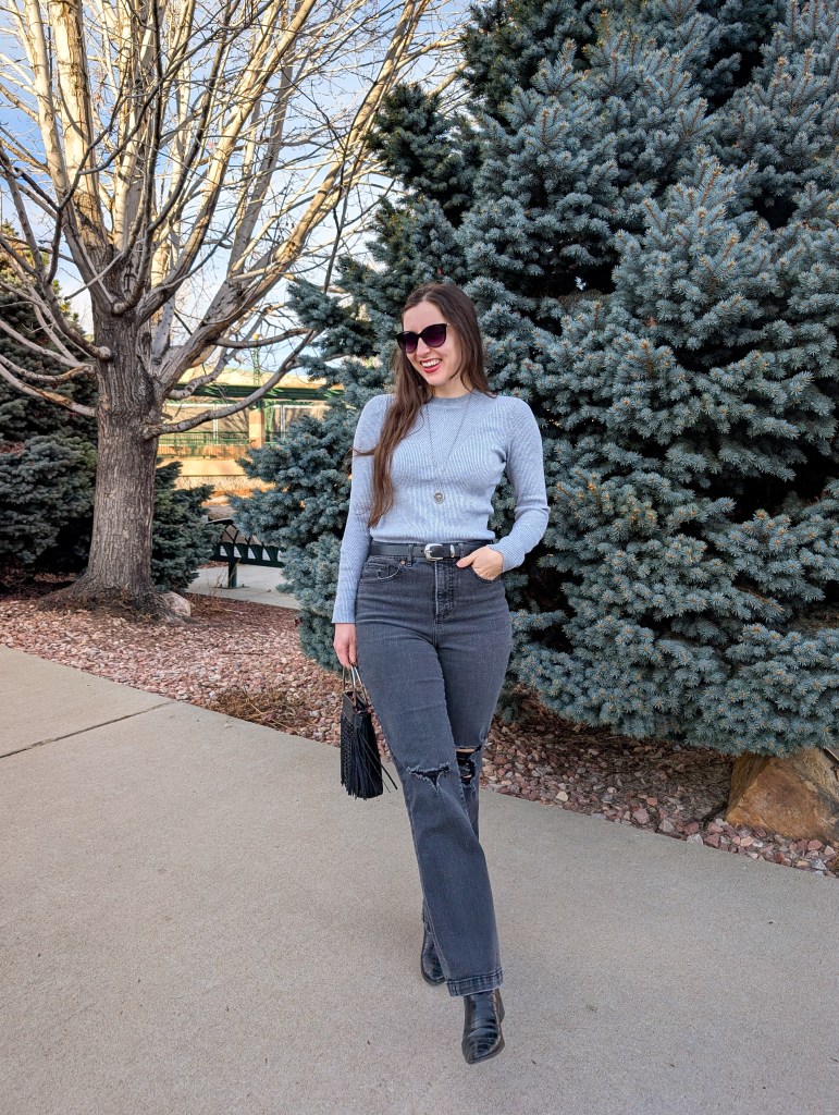 grey ribbed sweater winter outfit ripped jeans Express black booties