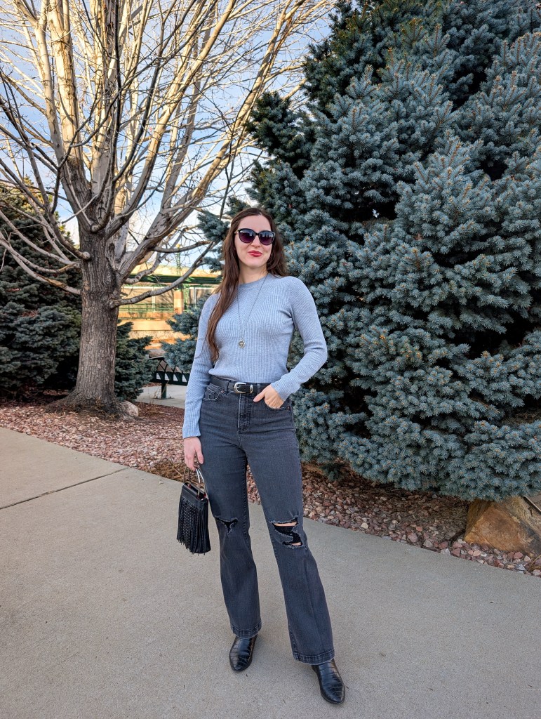 grey ribbed sweater bootcut jeans affordable fashion cost per wear shopping your closet