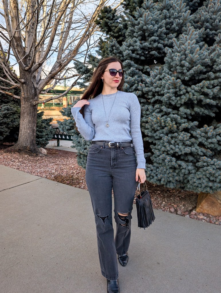 grey ribbed sweater ripped jeans Denver fashion Colorado content creator black booties