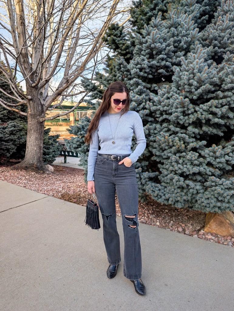 affordable fashion month in review cost per wear grey ripped jeans ribbed sweater black booties