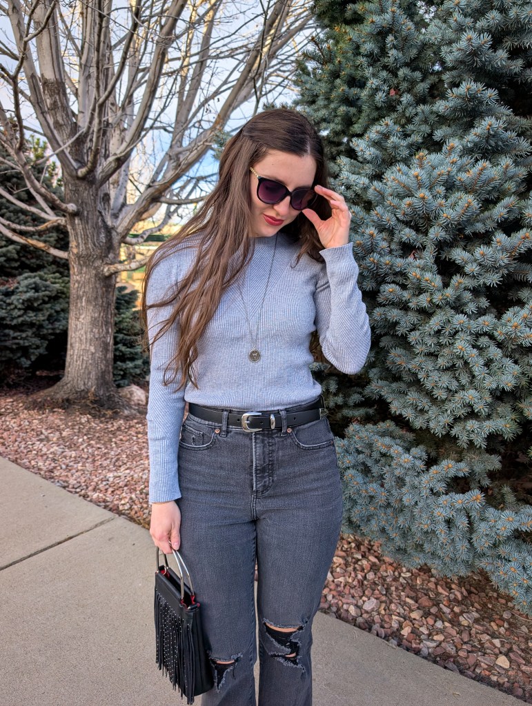 grey ribbed sweater month in review Kohl's Nine West Madewell belt