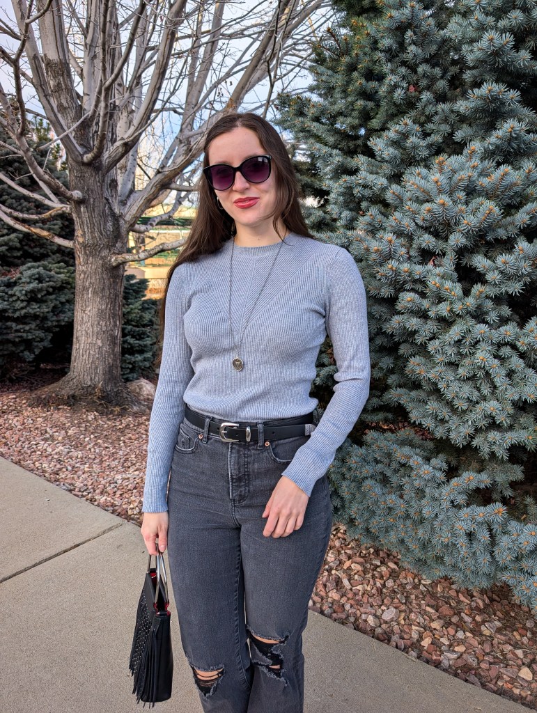 grey ribbed sweater black belt Madewell Kohl's Nine West affordable fashion cost per wear