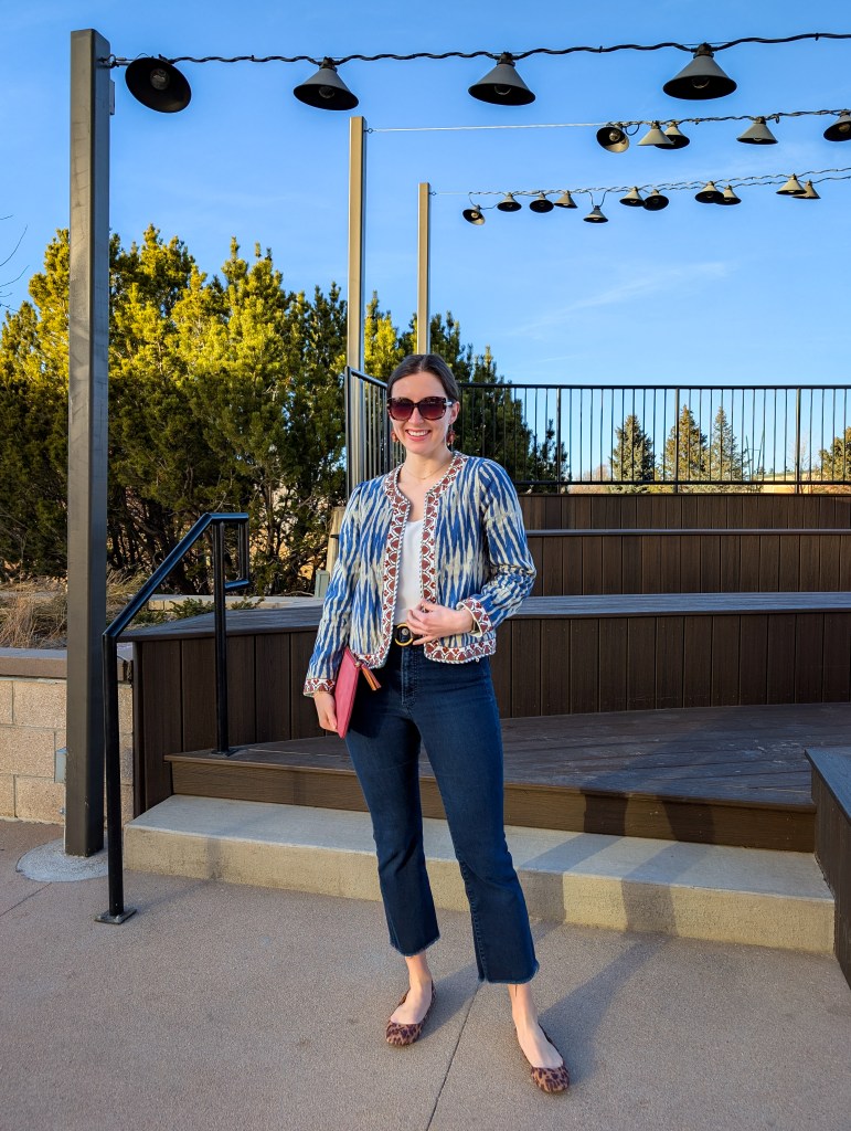 month in review monthly recap ikat jacket secondhand fashion leopard flats print mixing jacket spring style