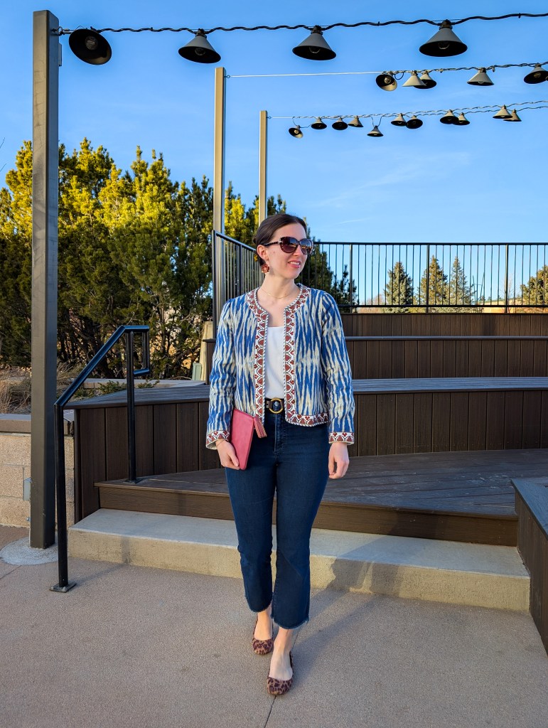 spring style ikat jacket cropped flared jeans leopard flats affordable fashion secondhand style